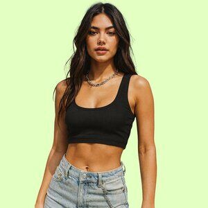 Zara Ribbed Black Cropped Tank – Medium Stretch Scoop Neck Top